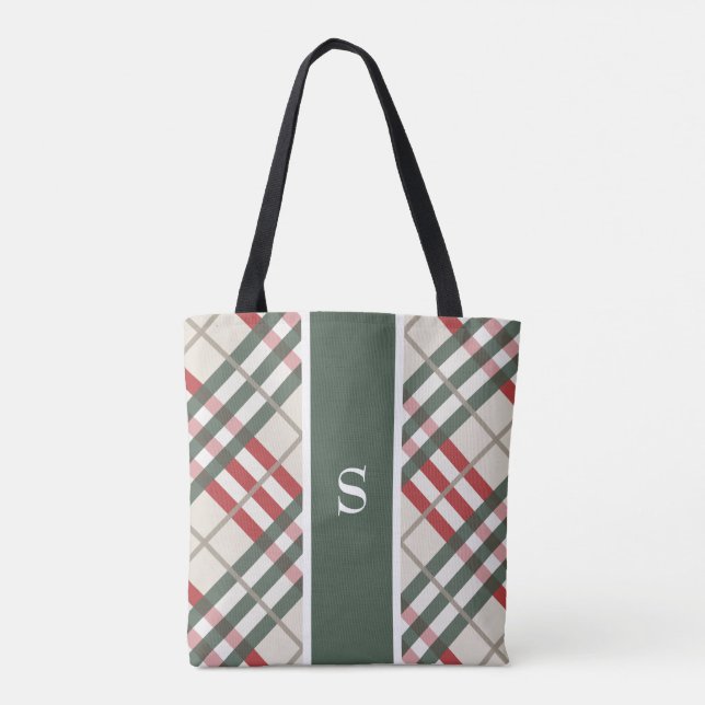 Beige Red Tartan Plaid Monogram Tote Bag (Back)