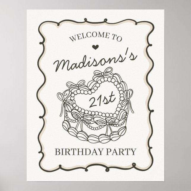 Beige Retro Heart Coquette Cake Birthday Welcome Poster (Front)