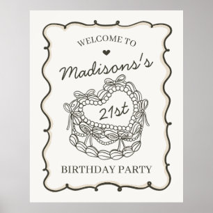 Beige Retro Heart Coquette Cake Birthday Welcome Poster