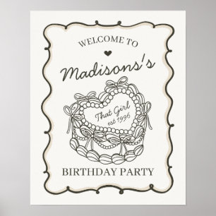 Beige Retro Heart Coquette Cake Birthday Welcome Poster