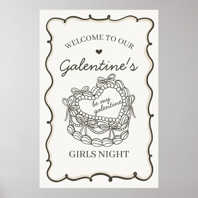 Beige Retro Heart Coquette Cake Galentines Welcome Poster (Front)