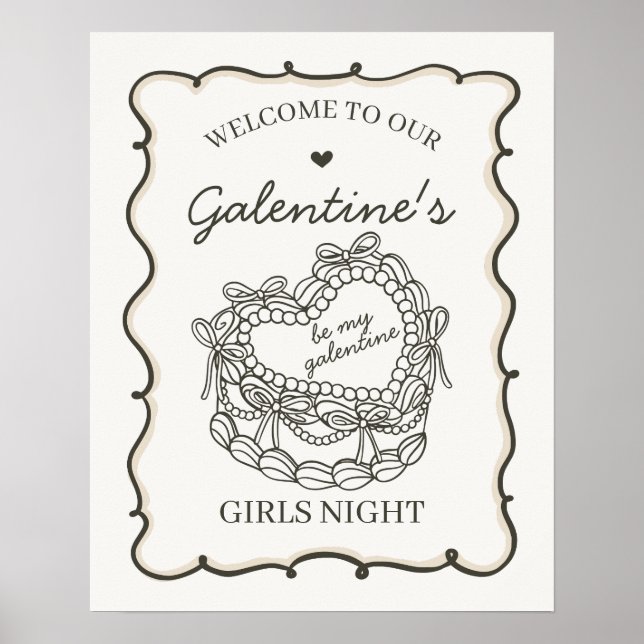 Beige Retro Heart Coquette Cake Galentines Welcome Poster (Front)