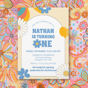 Beige Retro Vinyl 1st Kids Birthday Groovy Floral Invitation