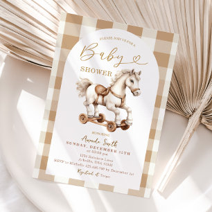 Beige Rocking Horse Brown Gingham Arch Baby Shower Invitation