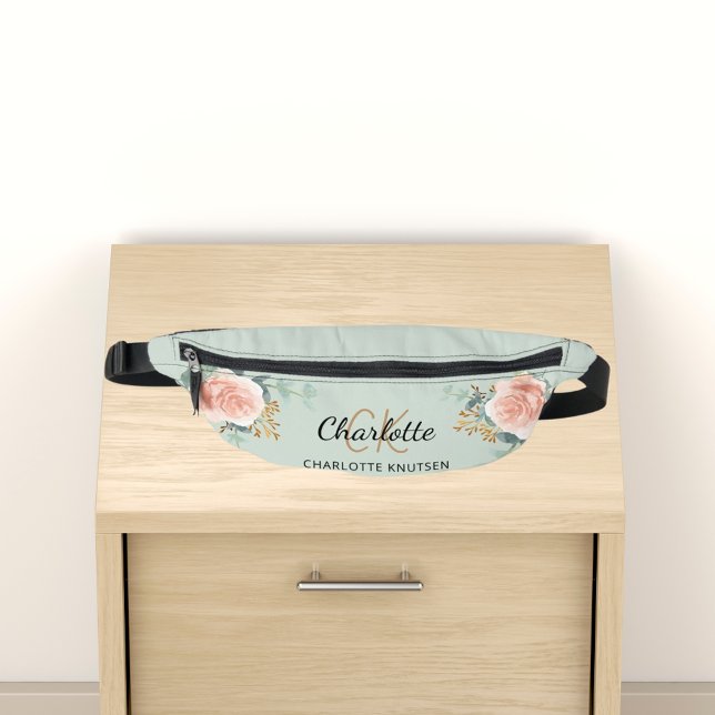 Beige rose gold floral green name monogram bum bags (Creator Uploaded)