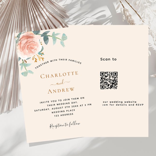 Beige rose gold floral QR code RSVP luxury wedding Invitation (Creator Uploaded)