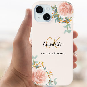 Beige rose gold florals monogram elegant iPhone 16 pro case
