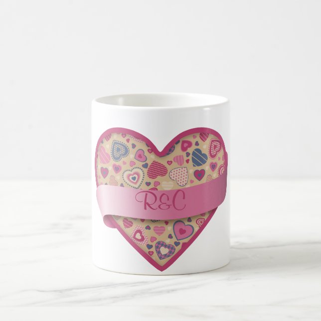 Beige Rose-heart with banner, customisable Coffee Mug (Center)