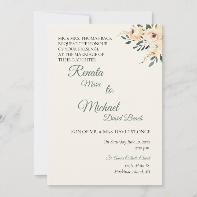 Beige Rose Wedding Invitation (Front)
