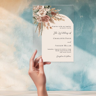 Beige roses pampas grass arch clear boho wedding acrylic invitations