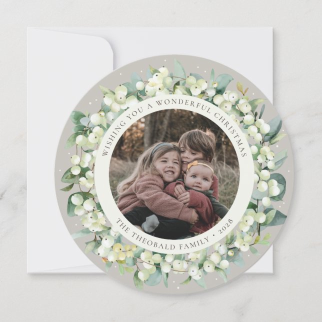 Beige Round/Square Snowberry+Eucalyptus Photo Holiday Card (Front)