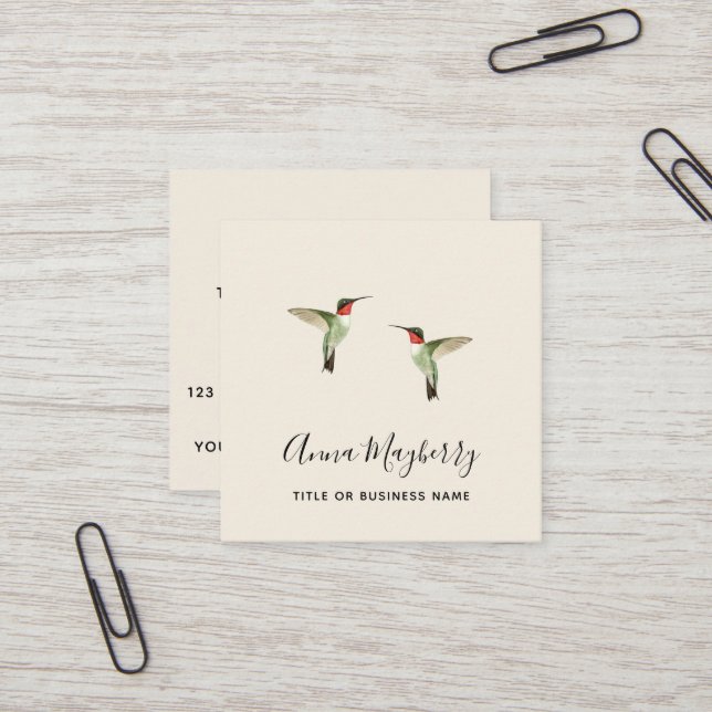 Beige Ruby-throated Hummingbirds Square Business Card (Front/Back In Situ)