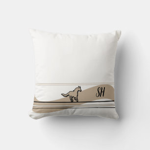 Beige Running Horse Design & Initials Throw Pillow