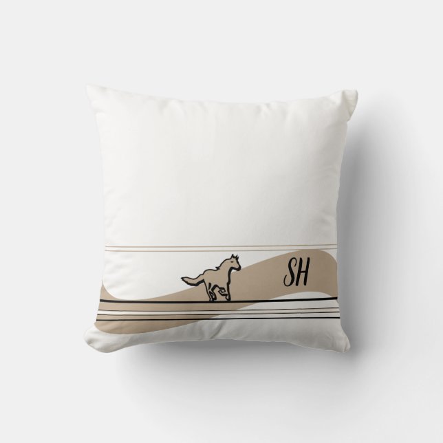 Beige Running Horse Design & Initials Throw Pillow (Front)