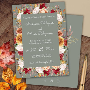 Beige Sage Green Fall Floral Wedding Invitation