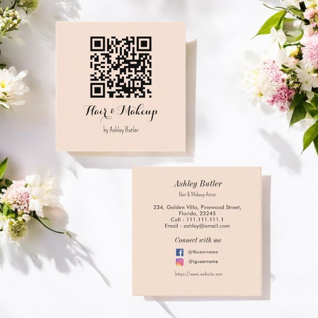 Beige Salon QR Code Hair Make up Business Card (Creator Uploaded)