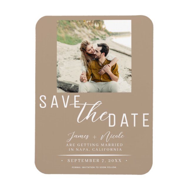 Beige Save the Date Photo Wedding Magnet (Vertical)