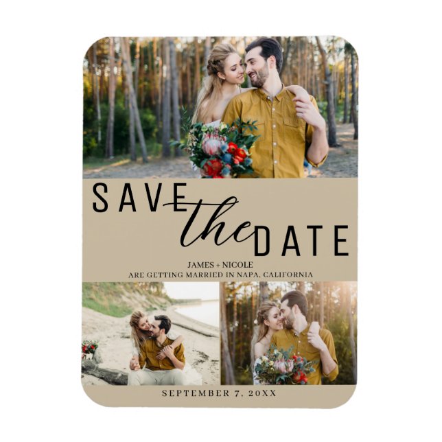 Beige Save the Date Wedding 3 Photos Magnet (Vertical)
