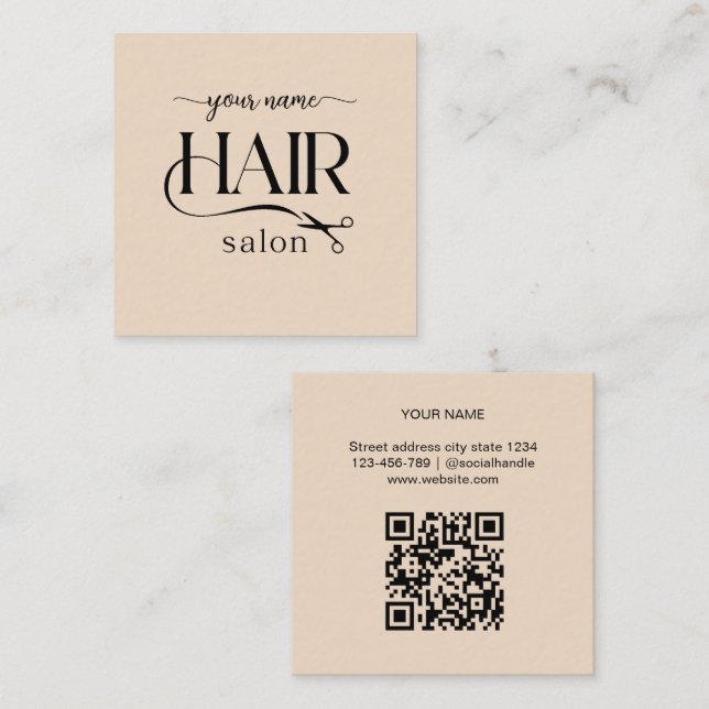 Beige Scissors Script Hair salon Qr code Square Business Card (Front/Back)