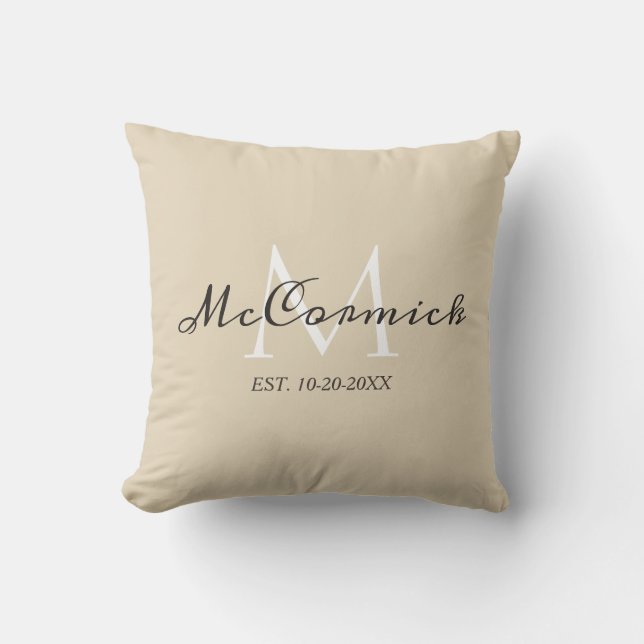 Beige Script Monogram Family Personalised Cushion (Front)