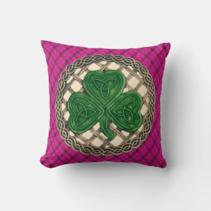 Beige Shamrock Celtic Knots On Pink Plaid Cushion
