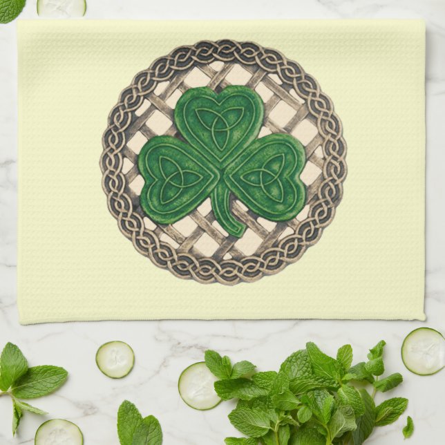 Beige Shamrock On Celtic Knots Kitchen Towel (Folded)