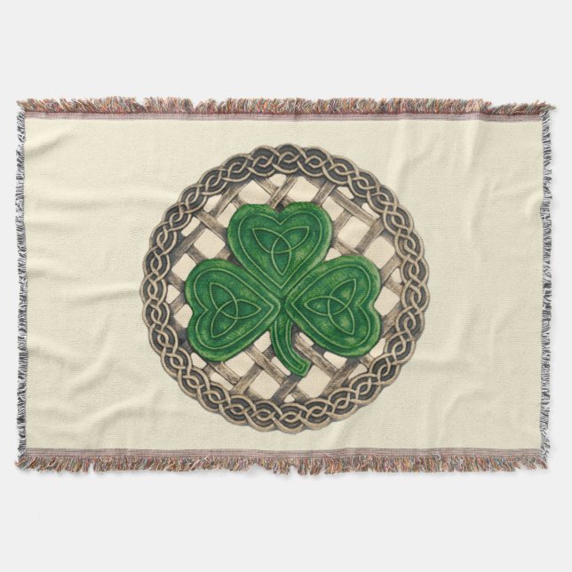Beige Shamrock On Celtic Knots Throw Blanket (Front)