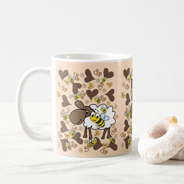 Beige Sheep Brown Hearts Mug (With Donut)