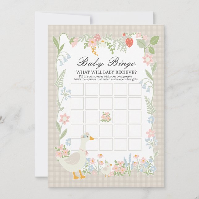 Beige Silly Goose Floral Gingham Baby Bingo Game Invitation (Front)