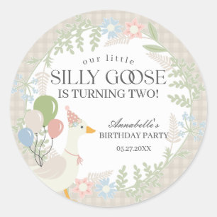 Beige Silly Goose Floral Gingham Baby Shower Favou Classic Round Sticker