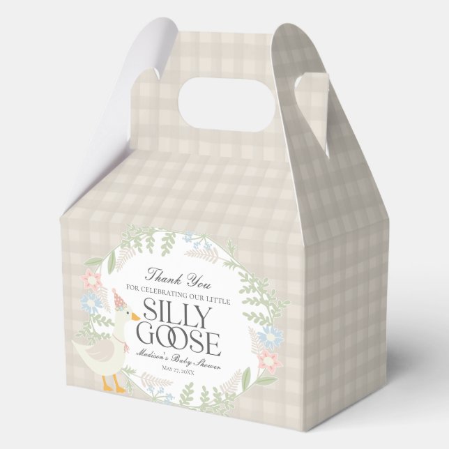 Beige Silly Goose Floral Gingham Baby Shower Favour Box (Front)