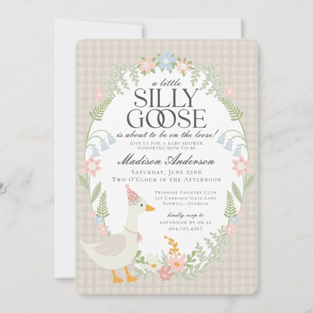 Beige Silly Goose Floral Gingham Baby Shower Invitation (Front)