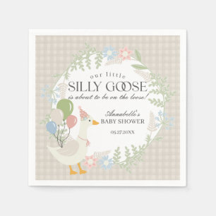 Beige Silly Goose Floral Gingham Baby Shower Napkin