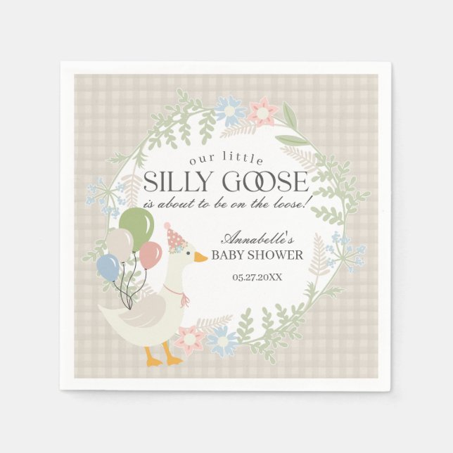 Beige Silly Goose Floral Gingham Baby Shower Napkin (Front)