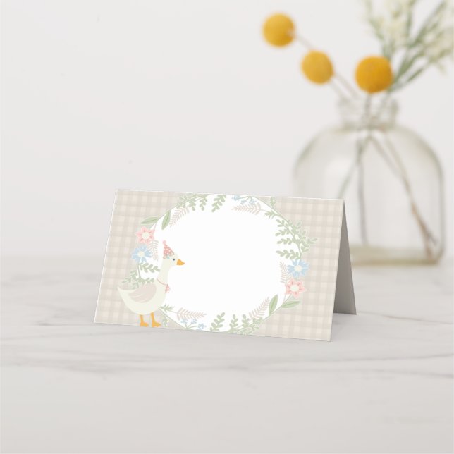 Beige Silly Goose Floral Gingham Baby Shower Place Card (Front)
