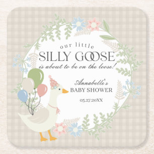 Beige Silly Goose Floral Gingham Baby Shower Square Paper Coaster