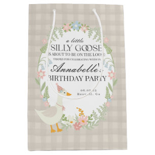Beige Silly Goose Floral Gingham Birthday Favour Medium Gift Bag