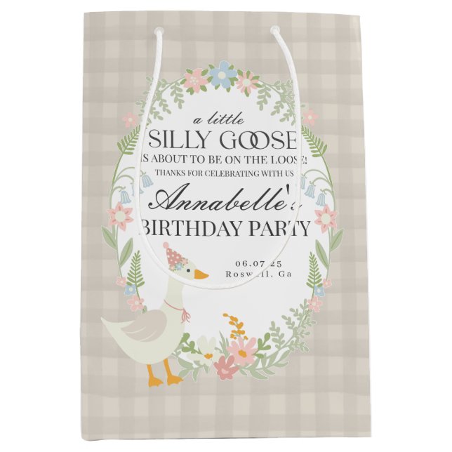 Beige Silly Goose Floral Gingham Birthday Favour Medium Gift Bag (Front)