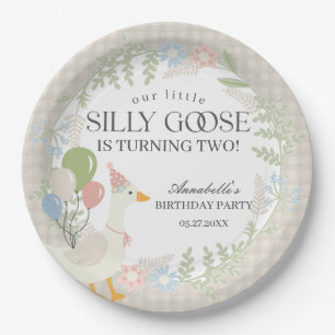 Beige Silly Goose Floral Gingham Birthday Paper Plate