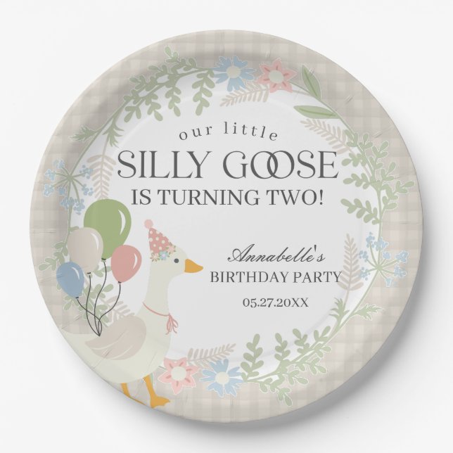 Beige Silly Goose Floral Gingham Birthday Paper Plate (Front)