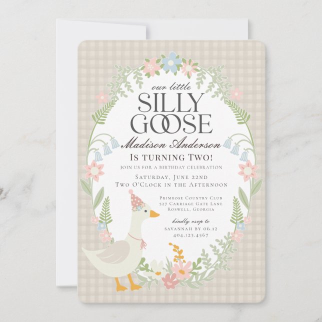 Beige Silly Goose Floral Gingham Birthday Party Invitation (Front)