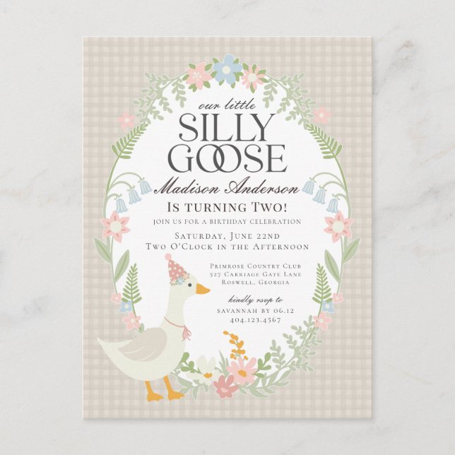 Beige Silly Goose Floral Gingham Birthday Party Postcard (Front)