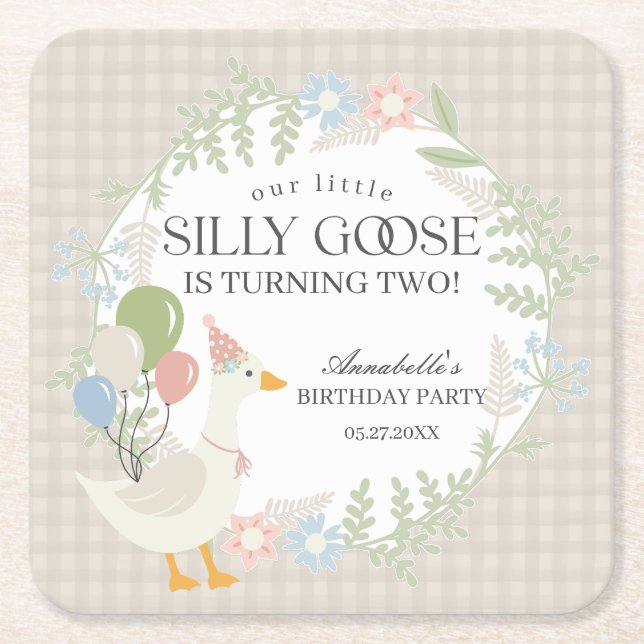 Beige Silly Goose Floral Gingham Birthday Square Paper Coaster (Front)