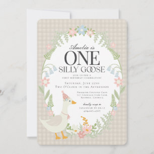 Beige Silly Goose Floral Gingham First Birthday Invitation