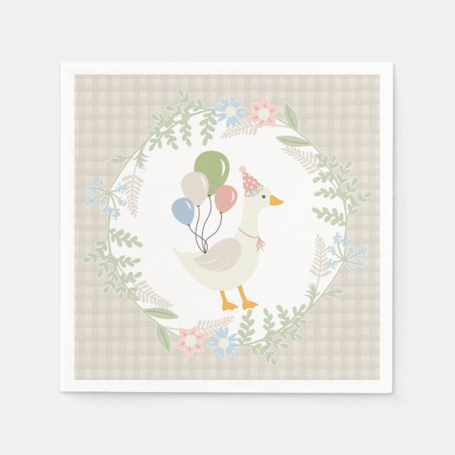 Beige Silly Goose Floral Gingham Paper Napkin (Front)