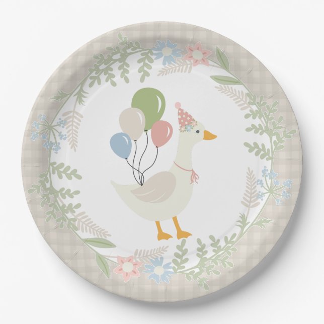 Beige Silly Goose Floral Gingham Party Paper Plate (Front)