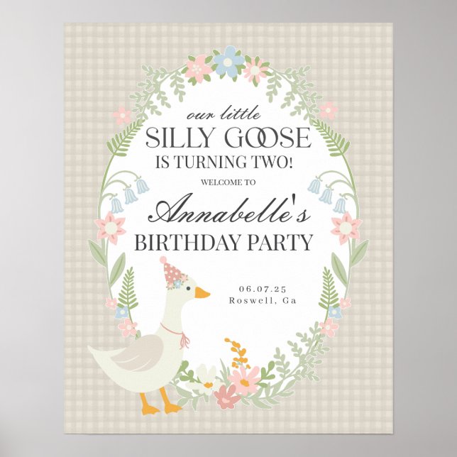 Beige Silly Goose Gingham Birthday Welcome Sign (Front)