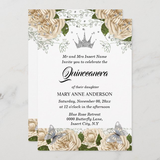 Beige silver tiara butterfly rose quinceanera invitation (Front/Back)