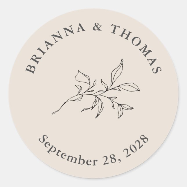 Beige Simple Botanical Wedding Classic Round Sticker (Front)