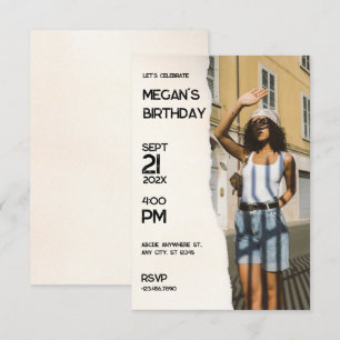 Beige simple fashion photo birthday invitation